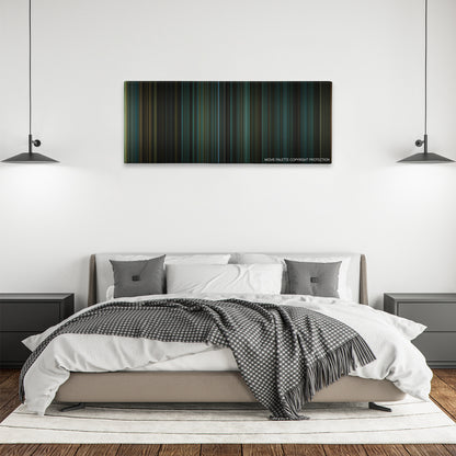 Phone Booth color palette canvas above a bed, between two black pendant lamps