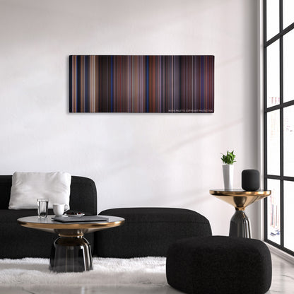 Casper color palette canvas above a black sofa with a gold-topped table