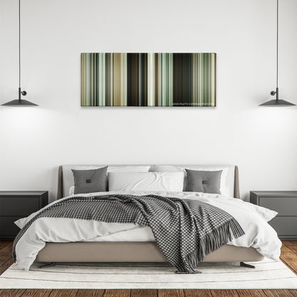 A Separation color palette canvas above a bed, between two black pendant lamps