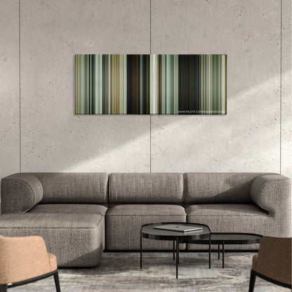 A Separation color palette canvas on a concrete wall above a gray sectional sofa
