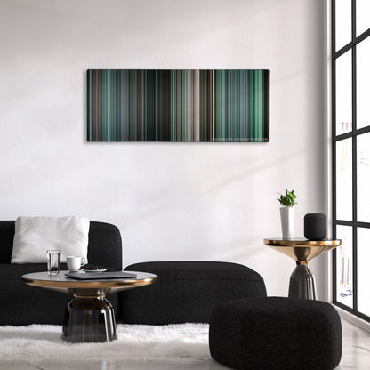 The Bourne Ultimatum color palette canvas above a black sofa with a gold-topped table