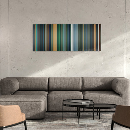 Deadpool 2 color palette canvas on a concrete wall above a gray sectional sofa
