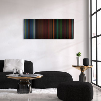 The Descent color palette canvas above a black sofa with a gold-topped table