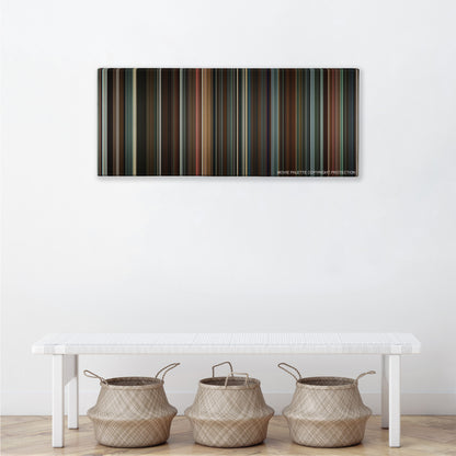 21 color palette canvas above a white bench with three woven baskets
