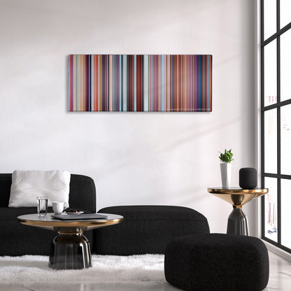 The Secret Life of Pets color palette canvas above a black sofa with a gold-topped table
