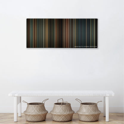 Panic Room color palette canvas above a white bench with three woven baskets