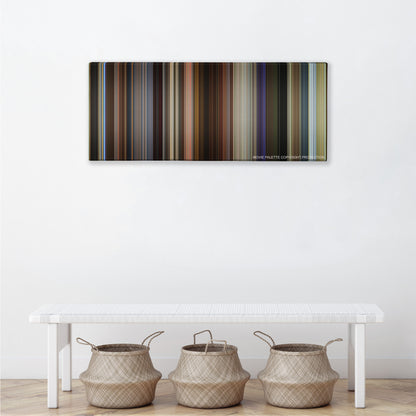 Spy color palette canvas above a white bench with three woven baskets