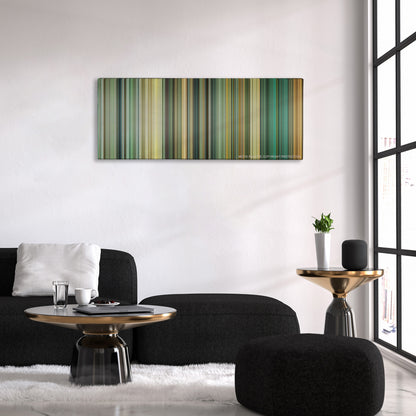 Rush color palette canvas above a black sofa with a gold-topped table