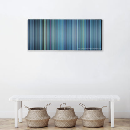 Escape Plan color palette canvas above a white bench with three woven baskets