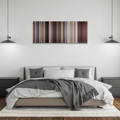 Indiana Jones and the Last Crusade color palette canvas above a bed, between two black pendant lamps