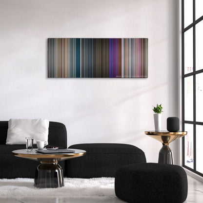 Closer color palette canvas above a black sofa with a gold-topped table