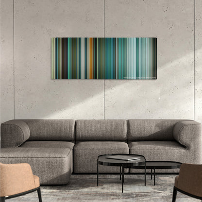 Teenage Mutant Ninja Turtles color palette canvas on a concrete wall above a gray sectional sofa