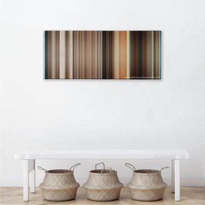 The Bucket List color palette canvas above a white bench with three woven baskets