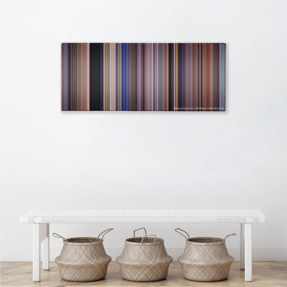 Scary Movie color palette canvas above a white bench with three woven baskets