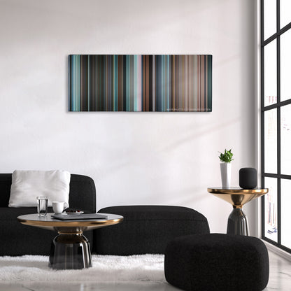 Rocky Balboa color palette canvas above a black sofa with a gold-topped table