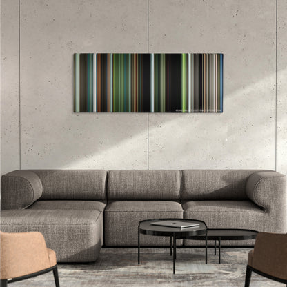 Annihilation color palette canvas on a concrete wall above a gray sectional sofa