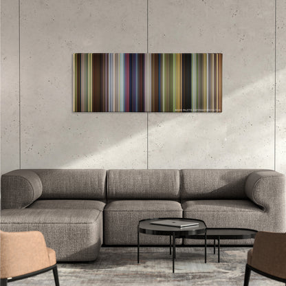 Shrek color palette canvas on a concrete wall above a gray sectional sofa
