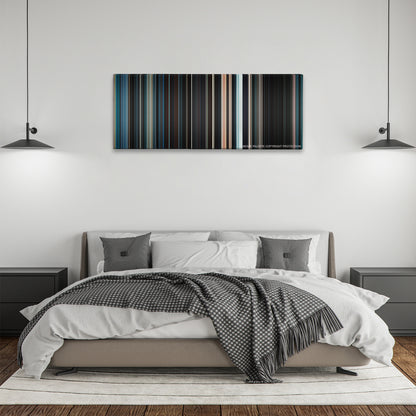 Serenity color palette canvas above a bed, between two black pendant lamps