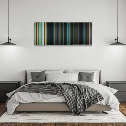 Wonder Woman color palette canvas above a bed, between two black pendant lamps