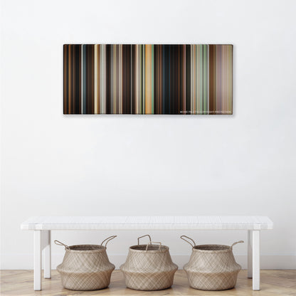 Crazy, Stupid, Love. color palette canvas above a white bench with three woven baskets