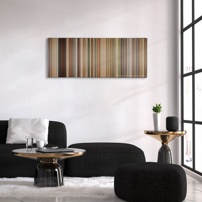 The Queen color palette canvas above a black sofa with a gold-topped table
