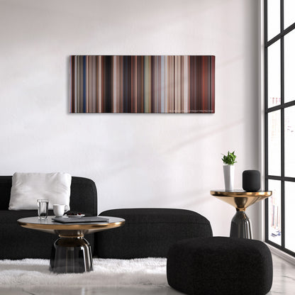 Indiana Jones and the Last Crusade color palette canvas above a black sofa with a gold-topped table