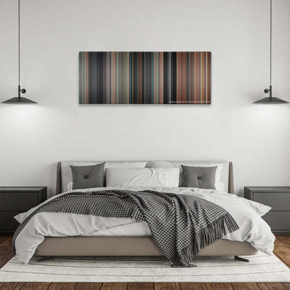 Thelma & Louise color palette canvas above a bed, between two black pendant lamps