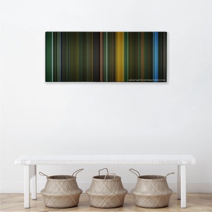 Saw II color palette canvas above a white bench with three woven baskets