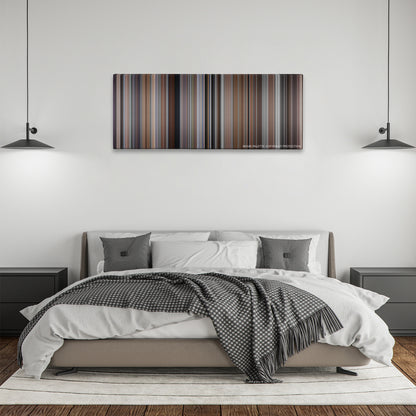 Memento color palette canvas above a bed, between two black pendant lamps