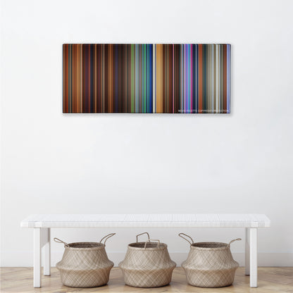 Hotel Transylvania color palette canvas above a white bench with three woven baskets
