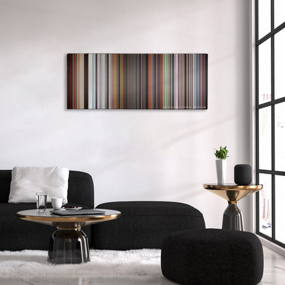 Thor: Ragnarok color palette canvas above a black sofa with a gold-topped table