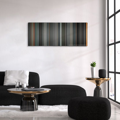 Death Race color palette canvas above a black sofa with a gold-topped table