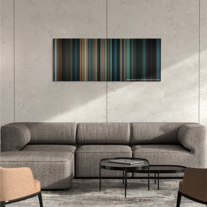 Super 8 color palette canvas on a concrete wall above a gray sectional sofa