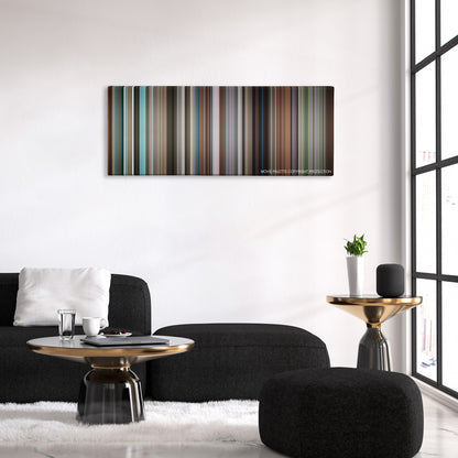 Harold & Kumar Go to White Castle color palette canvas above a black sofa with a gold-topped table