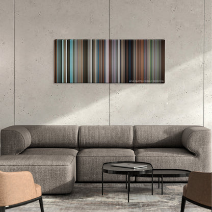 Harold & Kumar Go to White Castle color palette canvas on a concrete wall above a gray sectional sofa