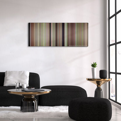 Happy Gilmore color palette canvas above a black sofa with a gold-topped table