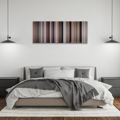Dr. No color palette canvas above a bed, between two black pendant lamps
