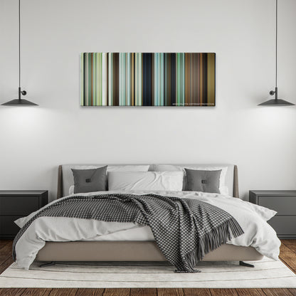 Moonlight color palette canvas above a bed, between two black pendant lamps