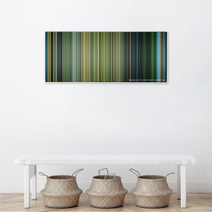 Black Hawk Down color palette canvas above a white bench with three woven baskets