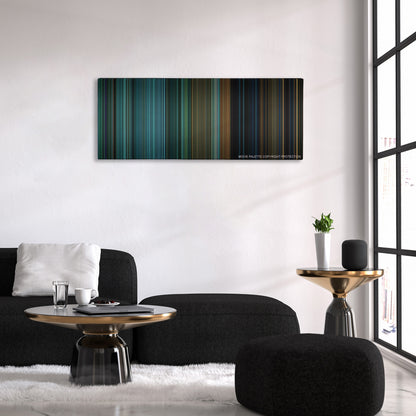 A Good Day to Die Hard color palette canvas above a black sofa with a gold-topped table