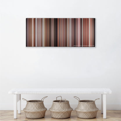 A Christmas Story color palette canvas above a white bench with three woven baskets