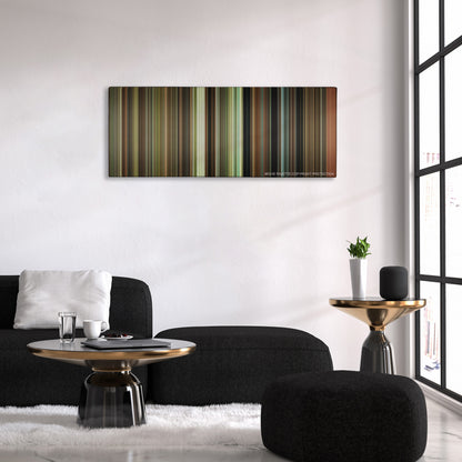 Driving Miss Daisy color palette canvas above a black sofa with a gold-topped table
