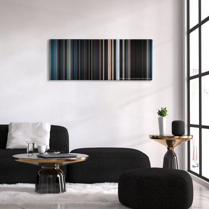 Serenity color palette canvas above a black sofa with a gold-topped table