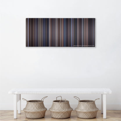 Enemy of the State color palette canvas above a white bench with three woven baskets