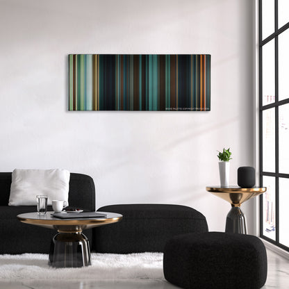 Wonder Woman color palette canvas above a black sofa with a gold-topped table