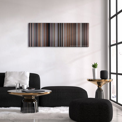 Memento color palette canvas above a black sofa with a gold-topped table