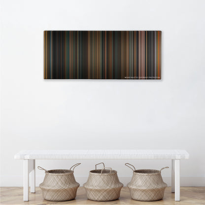 Identity color palette canvas above a white bench with three woven baskets