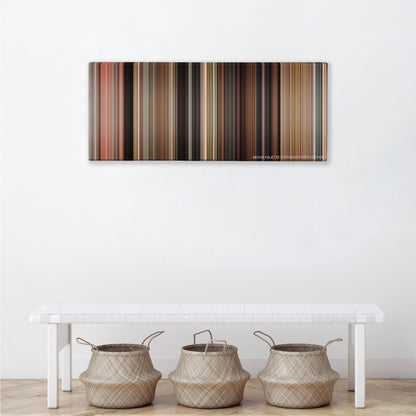 Knight and Day color palette canvas above a white bench with three woven baskets