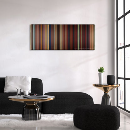 Kung Fu Panda 2 color palette canvas above a black sofa with a gold-topped table
