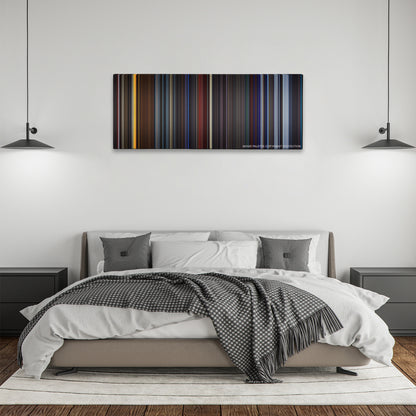 Star Trek II: The Wrath of Khan color palette canvas above a bed, between two black pendant lamps